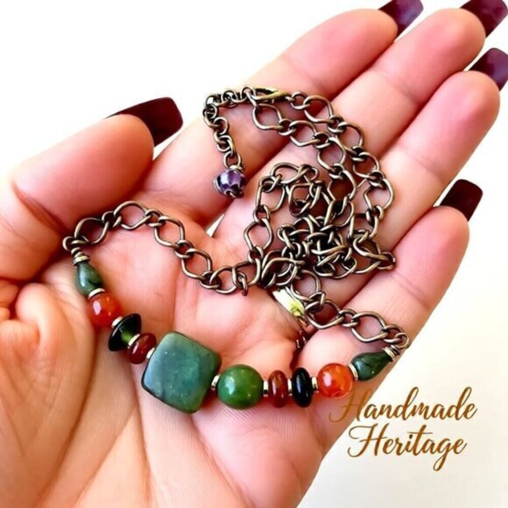 Handmade Asymmetrical Choker! Semi-Precious Stone Beads + Copper! Fall Colors!
